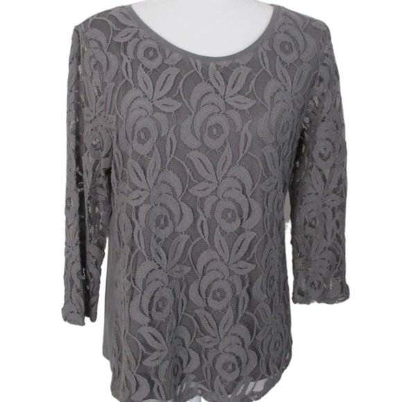 Chico's Gray Lucie Lace Front Sheer 3/4 Sleeve Knit Back Top Size 1/M/8 - Picture 2 of 16